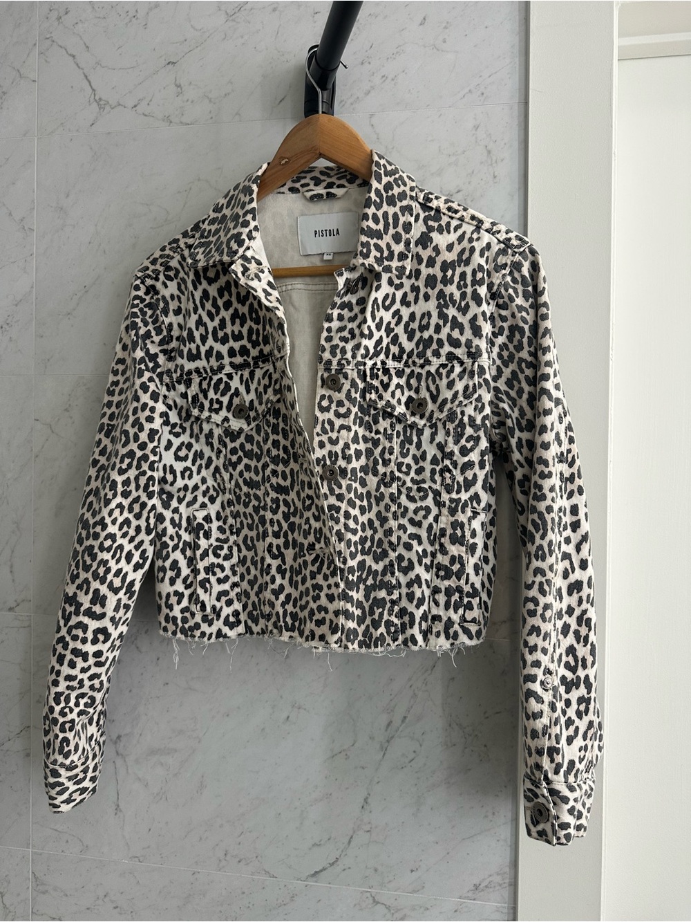 Pistola Leopard Print Cropped Denim Jacket - Beige & Black